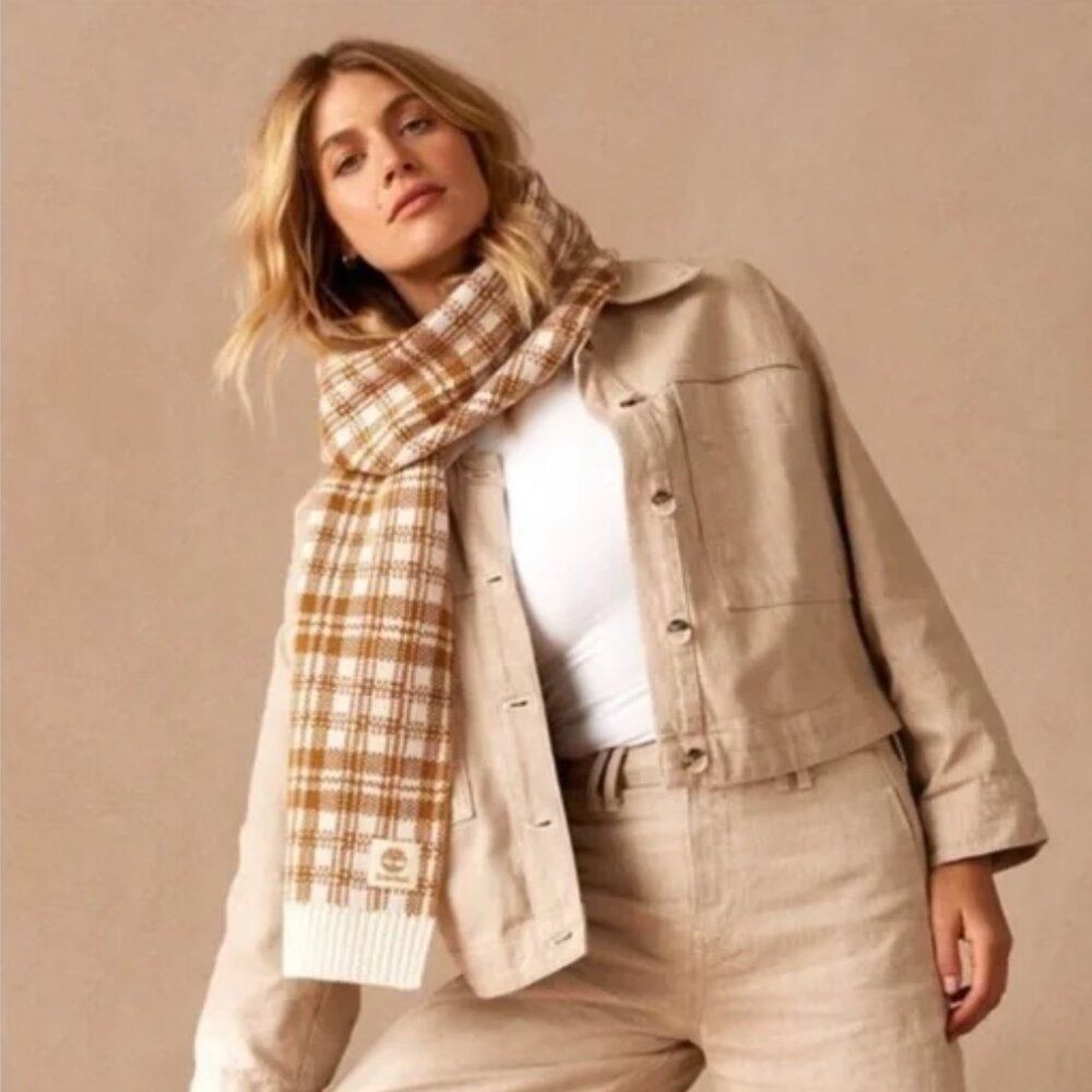 Timberland Buffalo Plaid Knit Scarf Tan Cream NWT